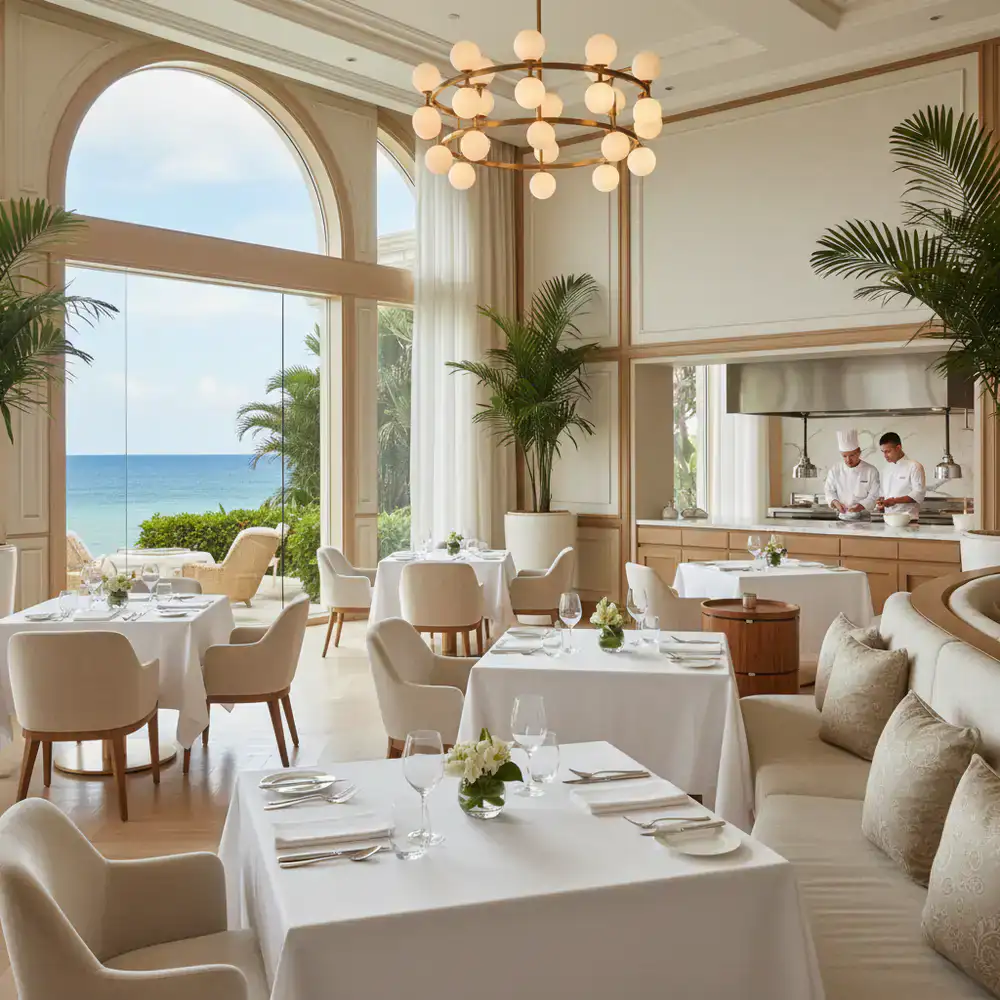 Elegant fine dining restaurant interior at a resort